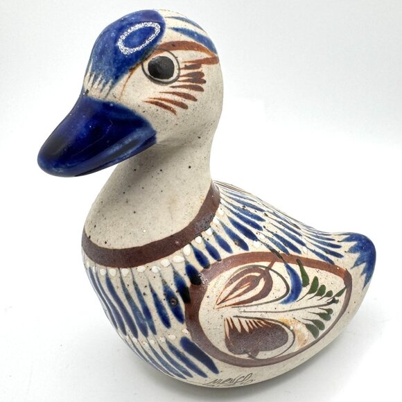 Tonala Mexican Folk Art Pottery Duck Figurine Signed Hand-Painted Blue Brown Vtg - Picture 1 of 7